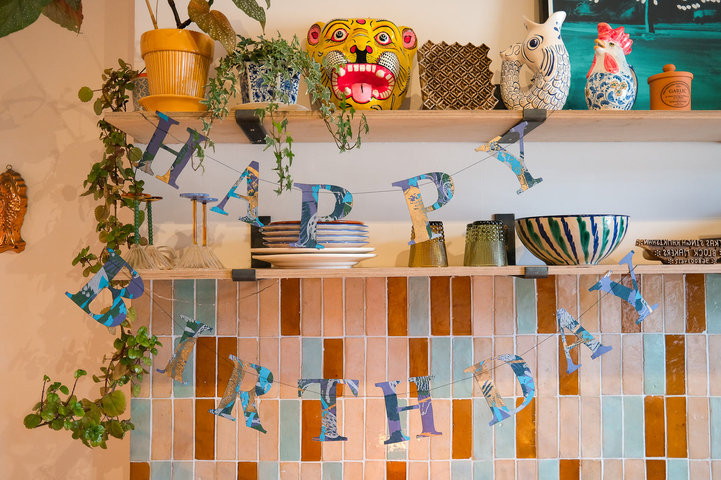 Happy Birthday - Recycled Blue Mix Sewn Garland